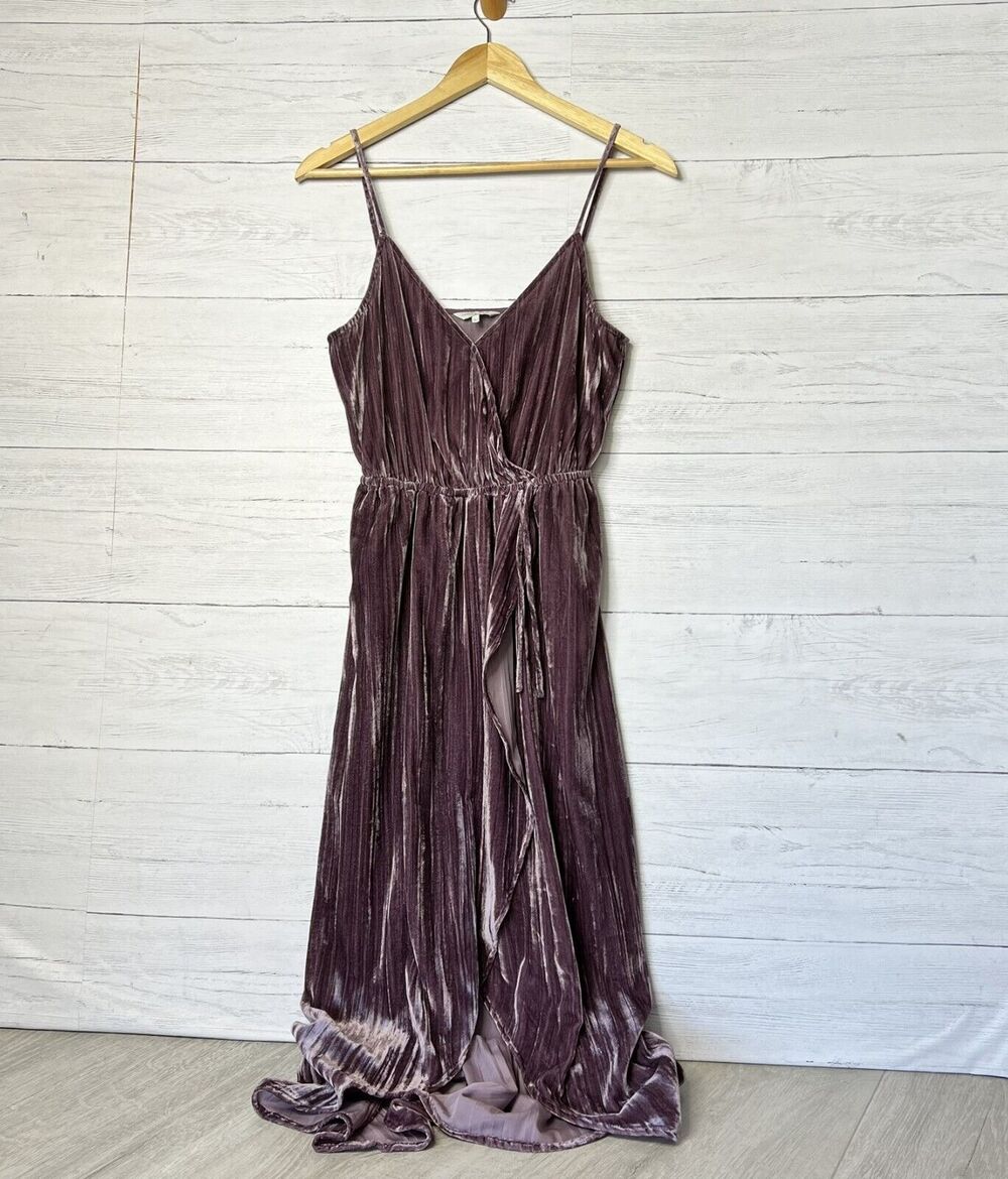 Lucky Brand Dress Womens Size XS Mauve Purple Faux Wrap Velvet Maxi Tulip Hem